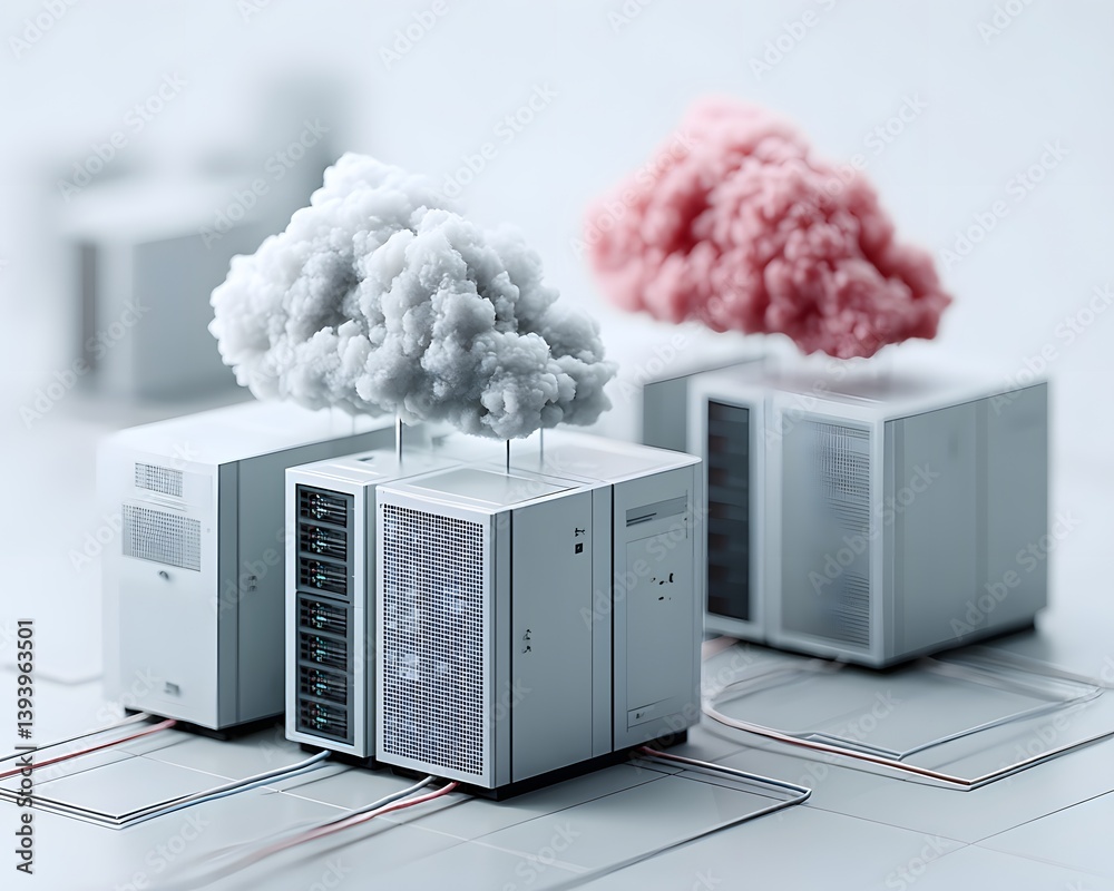 Poster scalable deep learning infrastructure powering a large language model, floating cloud servers and gl