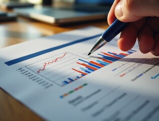 Economic growth fueled by trade and globalization concept. Analyzing financial graphs with a pen in hand, emphasizing data insights.