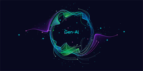 Illustration of abstract stream, AI brain concept. Artificial intelligence. Big data, technology, AI, data transfer, data flow, large language model, generative AI, LLM, NLP. NLG	