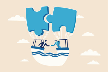 Partnership or teamwork to solve problem, agreement to success together, collaborate or cooperation, people to fit in job, jigsaw puzzle concept, businessman handshake on connect jigsaw balloon.