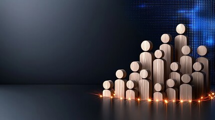 Wooden figures representing growth and teamwork, surrounded by a glowing curve, against a digital backdrop