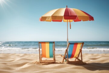 Tropical beach with vibrant chairs and umbrellas  by the blue sea, at the spring