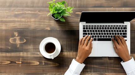 A person working on a laptop computer with coffee and plants on a wooden desk.