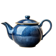 Blue ceramic teapot isolated on transparent background.