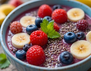 A healthy smoothie bowl topped with fresh raspberries, blueberries, banana slices, chia seeds, and mint leaves.