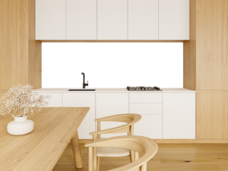 Free PNG wallpaper mockup in Interior Dining Room, Modern White Kitchen with Wooden Accents and Dining Area., 3D rendering