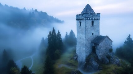 Naklejka premium Medieval castle emerging from the morning mist in a mysterious forest