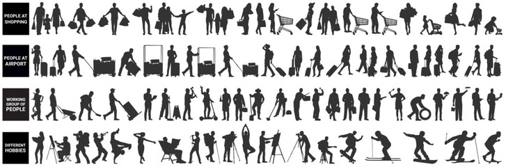 silhouettes of architecture drawing people. Architectural drawing people at airport, shopping, working group of people and different hobbies in row section elevation view. characters in architectural.