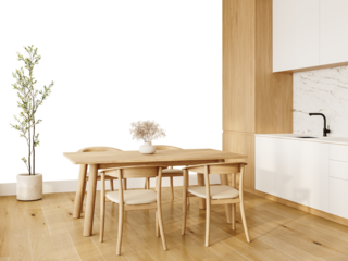 Free PNG wallpaper mockup in Interior Dining Room, Minimalist dining room with wooden table and chairs, bathed in natural light, 3D rendering