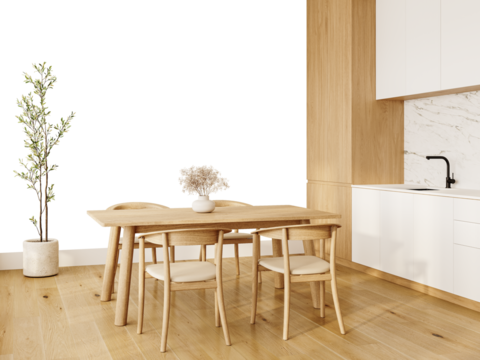 Free PNG wallpaper mockup in Interior Dining Room, Minimalist dining room with wooden table and chairs, bathed in natural light, 3D rendering