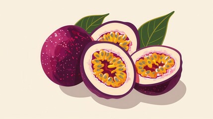 Passion fruit whole and halved with leaves illustration