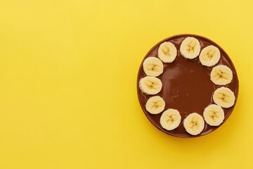 Fototapeta premium A delicious chocolate dessert is arranged with banana slices on a plate