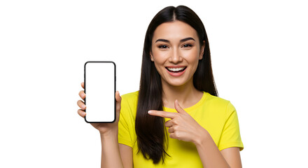 Smiling Woman Holding a  Blank Phone Screen  Female with Smartphone in Hand Young Woman Displaying Phone Screen isolated on transparent background 