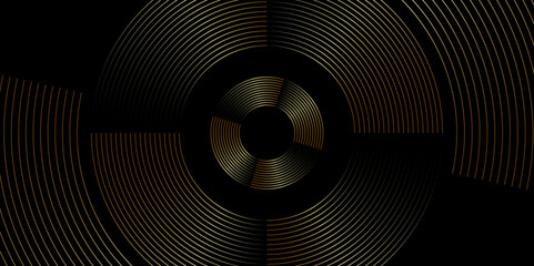 Abstract gold circle lines on dark background. Geometric stripe line art design. Modern shiny golden gradient lines futuristic concept. Suit for cover, banner, presentation, poster, website. vector.