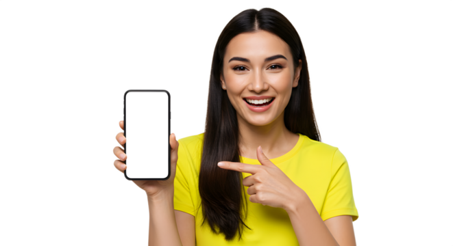 Smiling Woman Holding a  Blank Phone Screen  Female with Smartphone in Hand Young Woman Displaying Phone Screen isolated on transparent background 