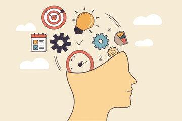 Learn new skills, knowledge or ability to work achieve success, new idea, training or study new skills, upskill or smart thinking, human head brain with skills symbol, creativity, time management.