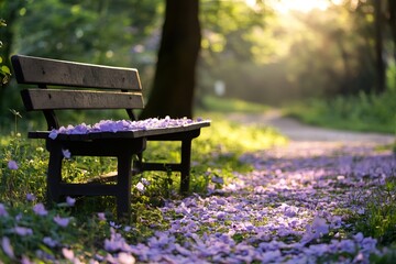 Naklejka premium Purple petals covering bench and path in park during golden hour