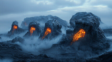 Volcanic rock formations with glowing caves