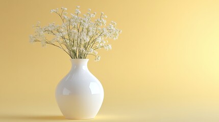 A glossy white vase with a smooth texture, placed on a solid pastel yellow background