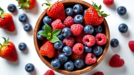 Obraz premium Fresh and Colorful Mix of Berries in Wooden Bowl with Mint Leaves on White Background