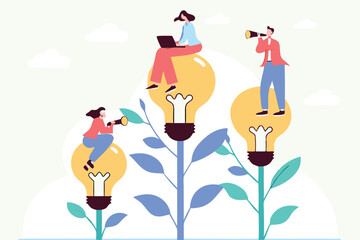 Corporate culture or employee value, organization, team success or career growth, community or company growth participation, HR concept, business people employee working on growing lightbulb plant.