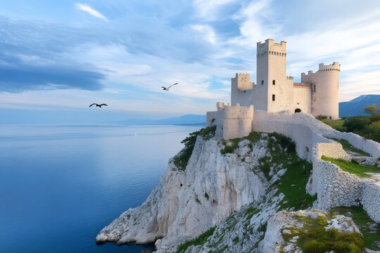 Duino Castle rising on the cliff overlooking the Gulf of Trieste at sunset