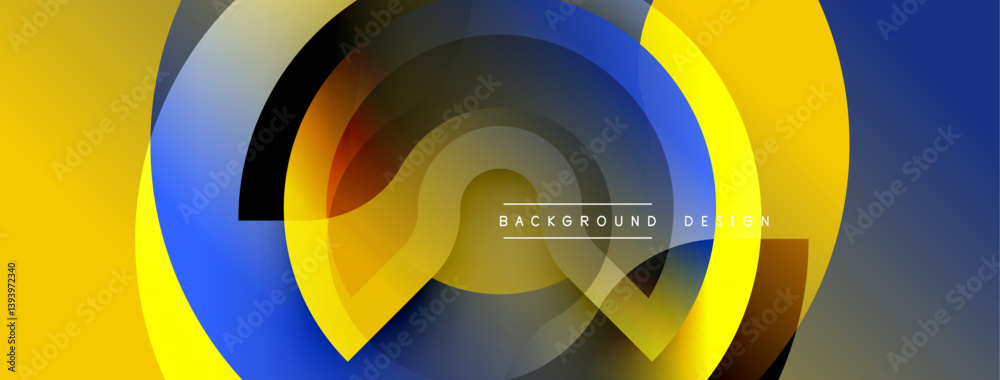 Poster abstract design features overlapping circles, vibrant yellow, blue hues. modern aesthetic, dynamic c