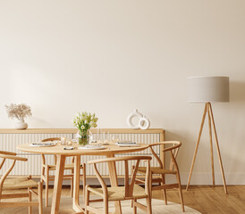 wallpaper mockup in Interior Dining Room, Elegant and Minimalist Dining Room Interior., 3D rendering