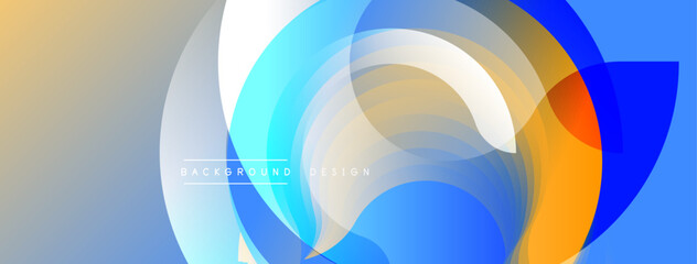 Abstract design features layered circular shapes. Colors blendblue, orange, yellow, whitecreating dynamic visual effect. Smooth gradients suggest movement, modern aesthetic.