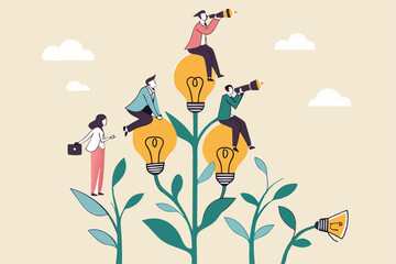 Corporate culture or employee value, organization, team success or career growth, community or company growth participation, HR concept, business people employee working on growing lightbulb plant.