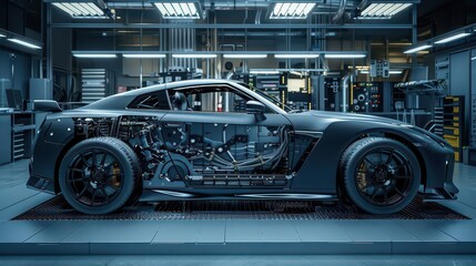 Fototapeta premium A detailed cutaway view of a high-performance car showcasing its internal components.