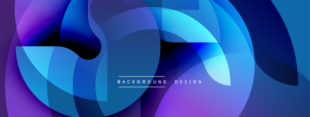 Abstract composition featuring overlapping translucent circles. Shades range from deep purple to vibrant blue creating dynamic visual effect. Modern design element for backgrounds.