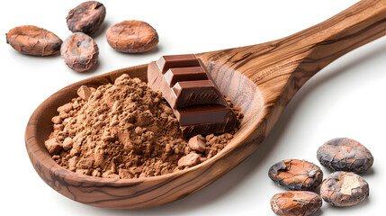 Rich cacao powder wooden spoon with chocolate pieces and cocoa beans evokes warm, inviting feel