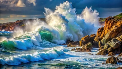 Powerful wave crashes against rugged coastline