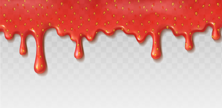 3d realistic vector illustration. Liquid dripping strawberry jam isolated on background.