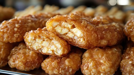 Crispy fried egg rolls, market stall, close-up, delicious snack, food background