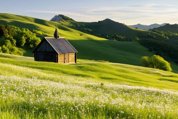 Small wooden church standing on a flowering hill in a mountain valley