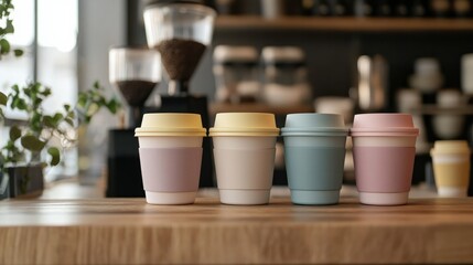 Neatly stacked takeaway coffee cups in pastel tones, placed on a wooden counter in a trendy cafe