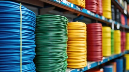 Stacked spools of electrical wiring in bright colors, placed on industrial shelves in a professional workshop