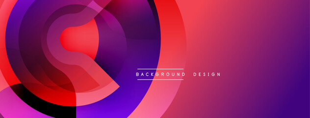 Abstract vibrant layers create dynamic circular composition. Red, purple hues blend smoothly, forming modern background design. Minimalist aesthetic.