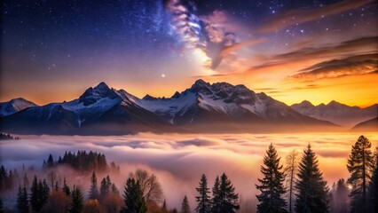 Obraz premium Serene mountain vista at dawn, enveloped in a sea of clouds under a breathtaking celestial panorama of stars and a vibrant sunset