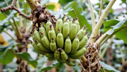 Fresh Green Bananas Growing on a Tropical Plant in a Garden
