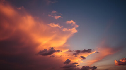 Fototapeta premium Toned dramatic sky background. orange pink clouds. Cloudscape. Fantastic sunset.