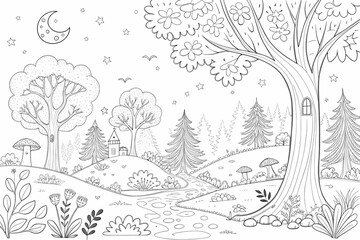 Obraz premium Forest landscape, coloring page