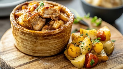 Close-up of flaky pie crust cracked open to reveal chicken and vegetables