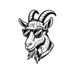 Cool Goat with Sunglasses Vector Illustration - Retro Hipster Goat Head Mascot in Black and White for T-Shirt, Logo, or Sticker Design
