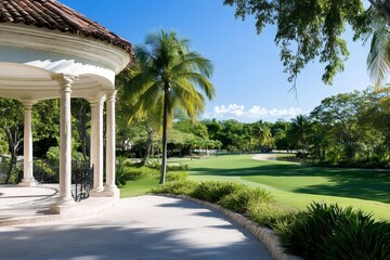 Obraz premium Luxurious gazebo overlooking a tropical golf course in Dominican Republic