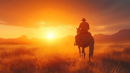 Fototapeta premium Cowboy horseback riding sunset prairie mountains western landscape
