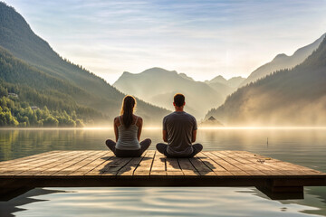 Couple meditates on dock overlooking lake and mountains. Serene morning landscape. Mindful practice in nature. Peaceful wellness retreat. Outdoor yoga at sunrise.