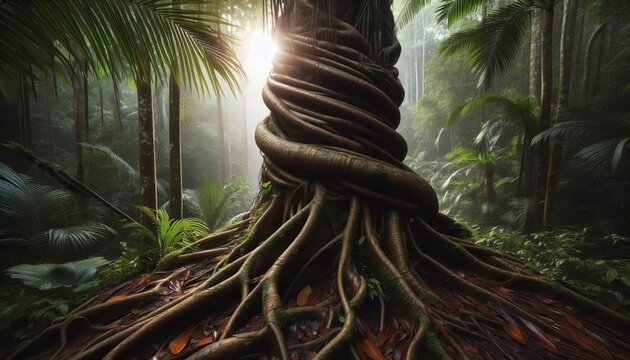 A strangler fig&rsquo;s roots weave around a palm tree in the rainfo